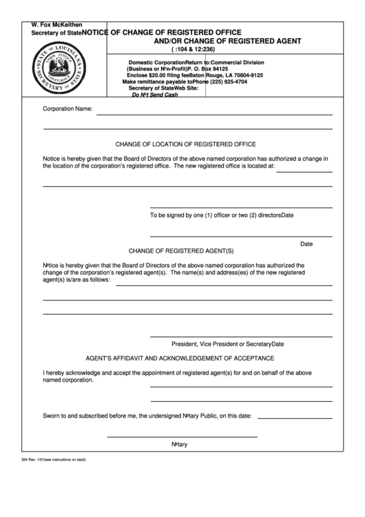 Form 354 - Notice Of Change Of Registered Office Or Change Of Registered Agent Printable pdf