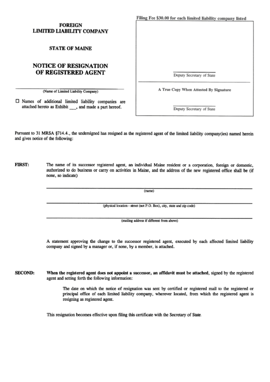 Form Mllc-12e - Notice Of Resignation Of Registered Agent Printable pdf