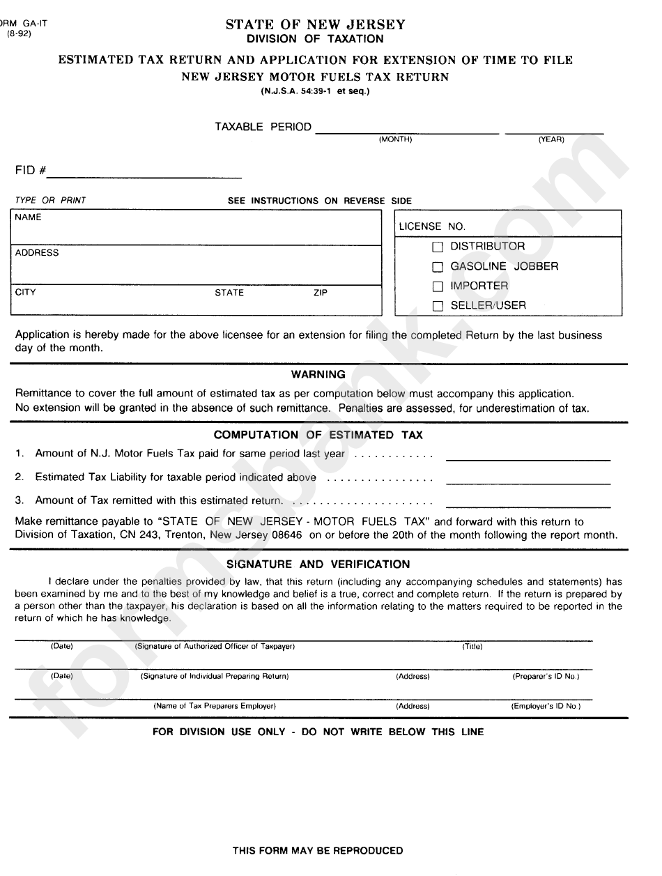 Form Ga-It - Estimated Tax Return And Application For Extension Of Time To File Motor Fuel Tax Return