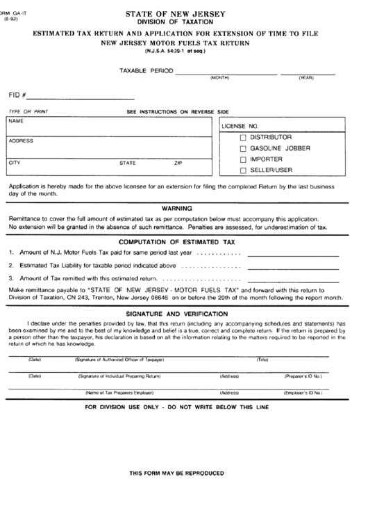 Form Ga-It - Estimated Tax Return And Application For Extension Of Time To File Motor Fuel Tax Return Printable pdf