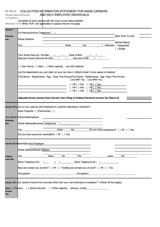 Form Ri 433 A - Collection Information Statement For Wage Earners And Self-Employed Individuals - Rhode Island Division Of Taxation Printable pdf