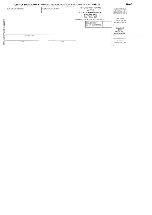 Form Hw-3 - Income Tax Withheld Printable pdf
