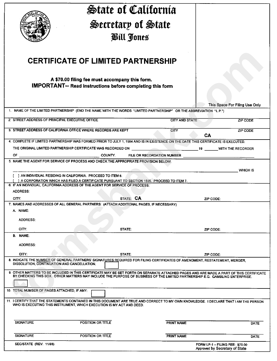Form Lp-1 - Certificate Of Limited Partnership