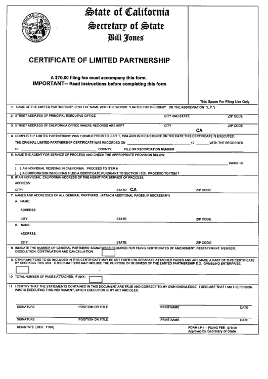 Form Lp-1 - Certificate Of Limited Partnership Printable pdf