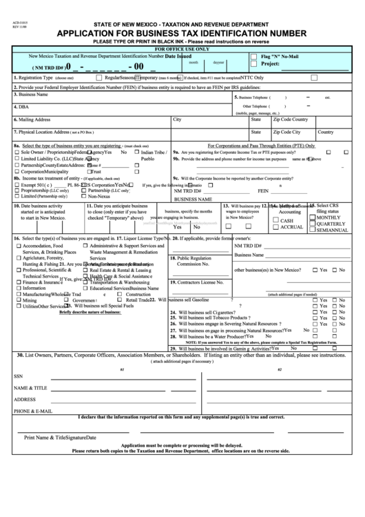 Form Acd-31015 - Application For Business Tax Identification Number - Nm Taxation And Revenue Department - 2000 Printable pdf