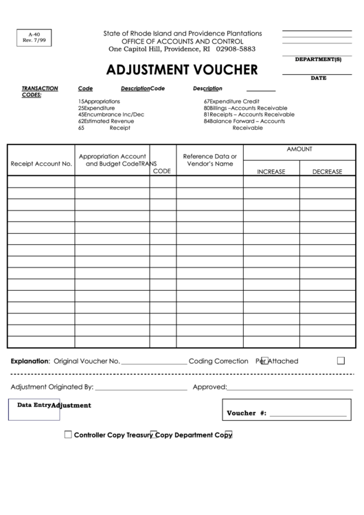 Adjustment Voucher Form - State Of Rhode Island And Providence Plantations Printable pdf