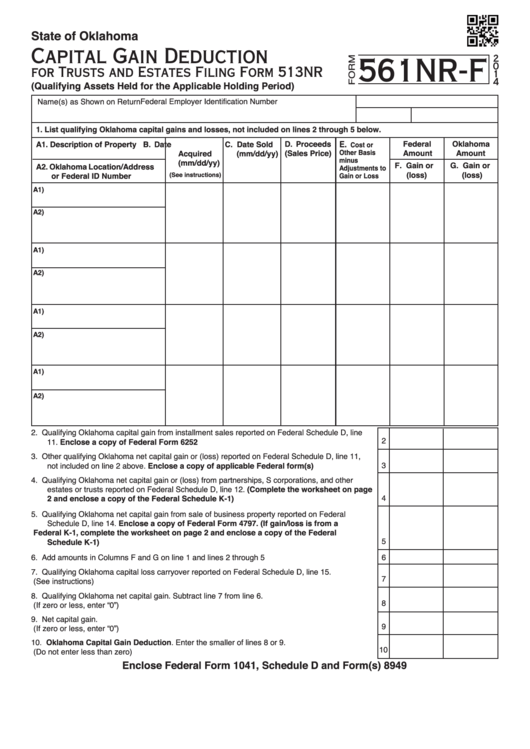 Fillable Form 561nr-F - Capital Gain Deduction For Trusts And Estates - 2014 Printable pdf