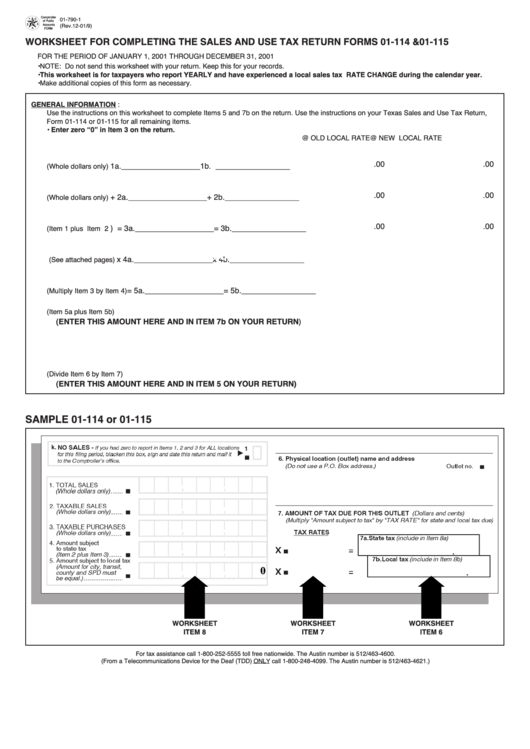 Fillable Form 01-790 (1-4) - Worksheet For Completing The Sales And Use Tax Return Forms Printable pdf