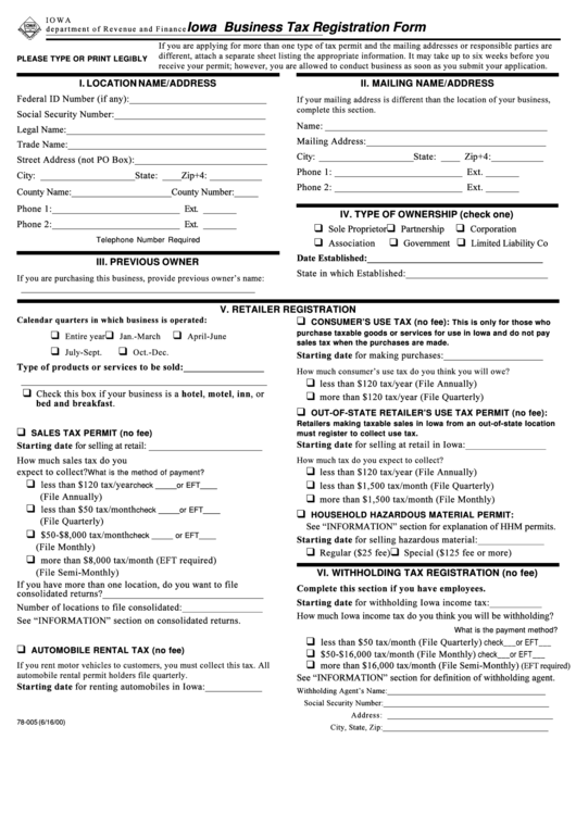 Form 78-005 - Iowa Business Tax Registration 2000 Printable pdf