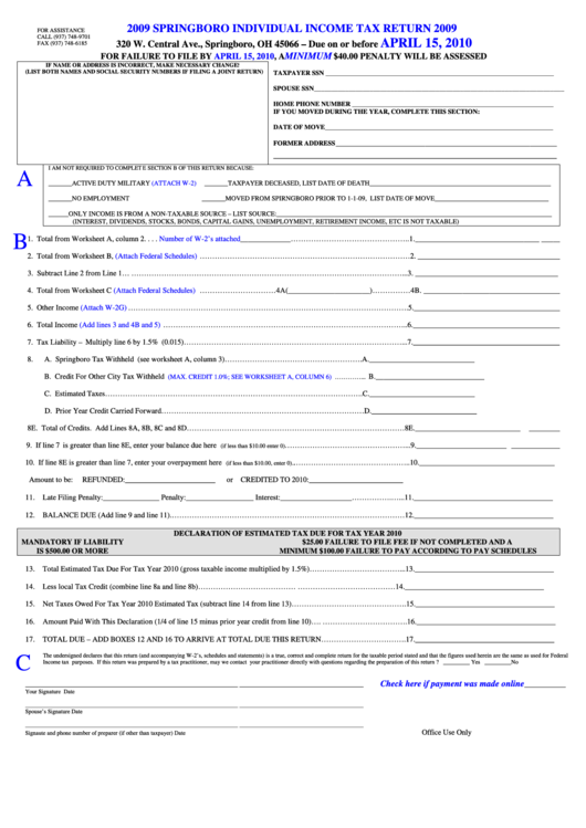 Springboro Individual Income Tax Return - 2009 Printable pdf