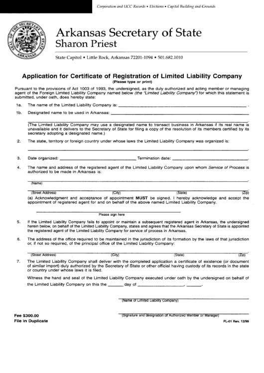 Form Fl-01 - Application For Cerificate Of Registration Of Limited Liability Company