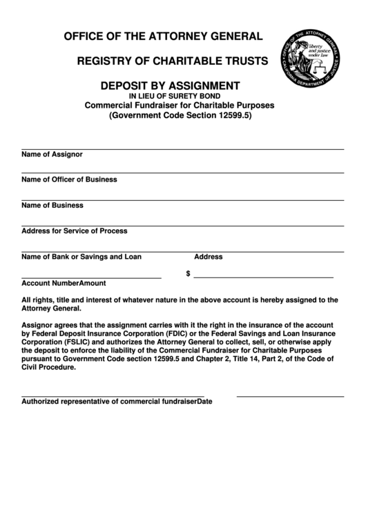 Deposit By Assignment Form - Registry Of Charitable Trusts - California Office Of The Attorney General Printable pdf
