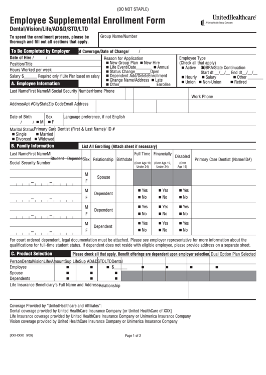 Employee Supplemental Enrollment Form Unitedhealthcare printable pdf