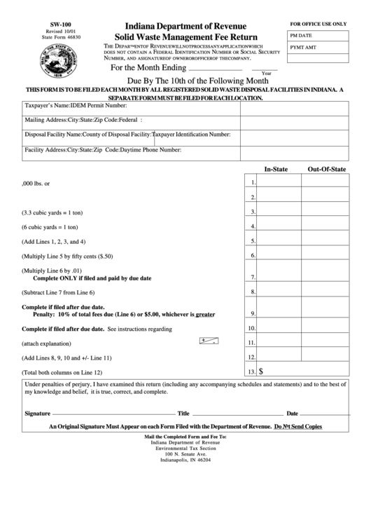 Form Sw-100 - Solid Waste Management Fee Return - Indiana Department Of Revenue Printable pdf