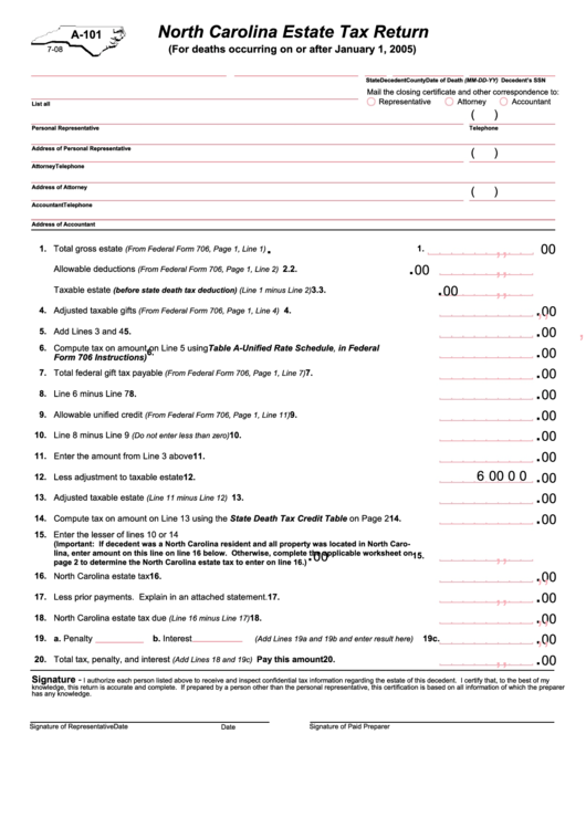Form A-101 - North Carolina Estate Tax Return Form Printable pdf