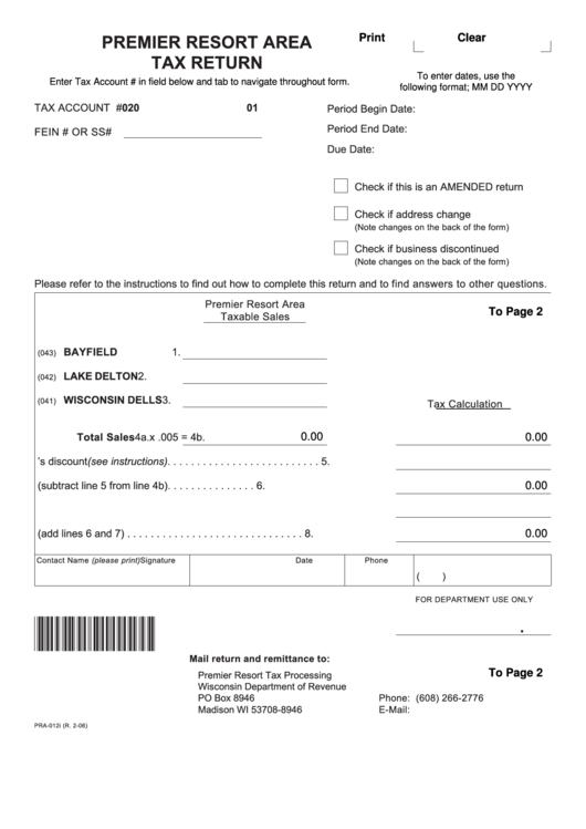 Fillable Form Pra-012i - Premier Resort Area Tax Return Form Printable pdf