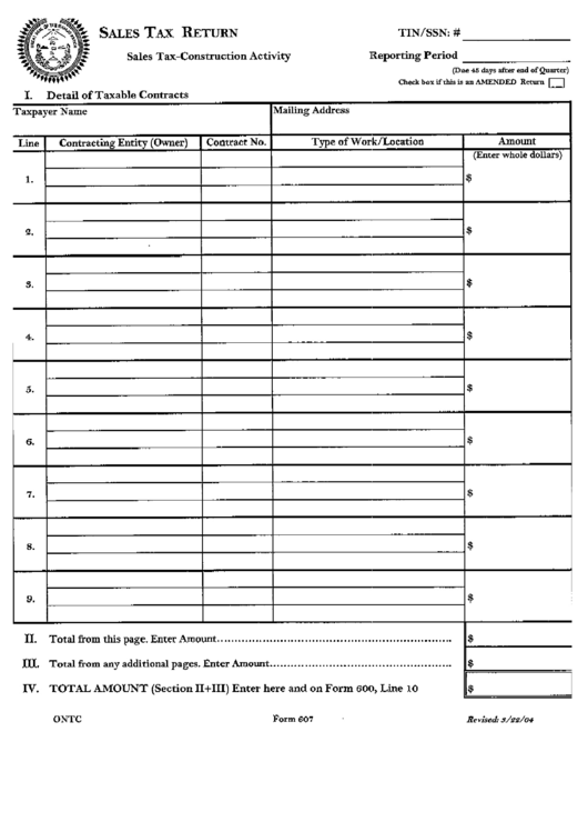 Form 607 - Sales Tax Return - Sales Tax-Construction Activity March 2004 Printable pdf