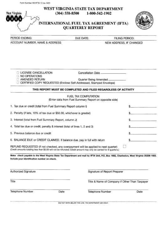 Form Wv/ifta - 13 - International Fuel Tax Agreement (Ifta) Quarterly Report Form Printable pdf