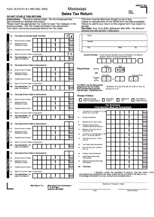 Form 72-010-01-8-1-000 - Sales Tax Return Form Printable pdf