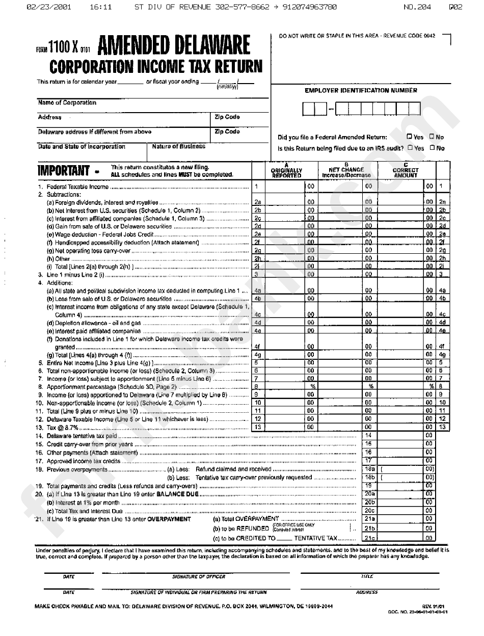 Form 100 X - Amended Delaware Corporation Income Tax Return