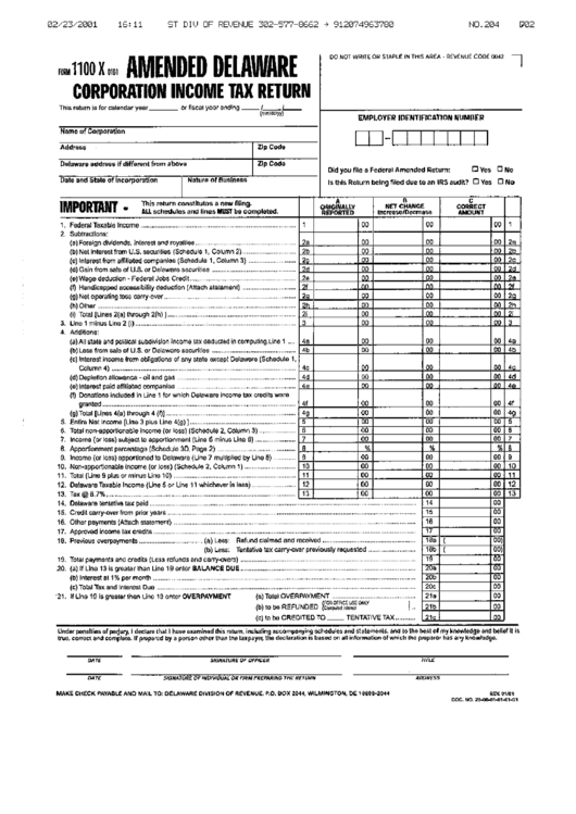 Form 100 X - Amended Delaware Corporation Income Tax Return Printable pdf