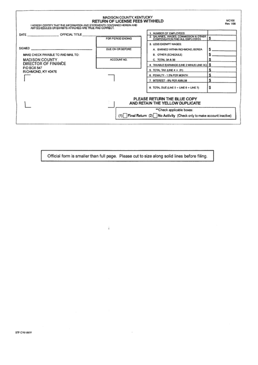 Form Mc100 - Return Of License Fees Withheld Printable pdf
