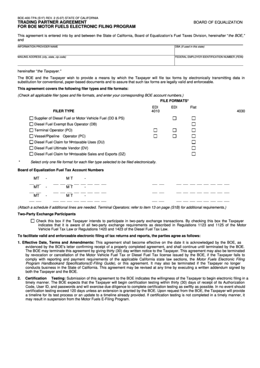 Fillable Form Boe-400-Tpa (S1f) - Trading Partner Agreement For Boe Motor Fuels Electronic Filing Program Printable pdf