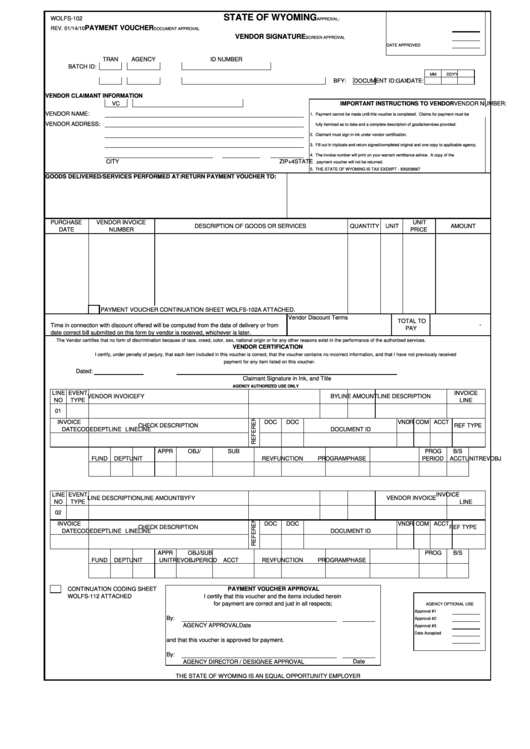 Fillable Form Wolfs-102 - Payment Voucher Vendor Signature Printable pdf