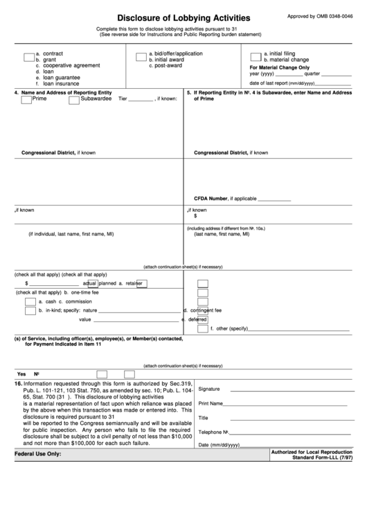 Fillable Standard Form-Lll - Disclosure Of Lobbying Activities - 1997 Printable pdf