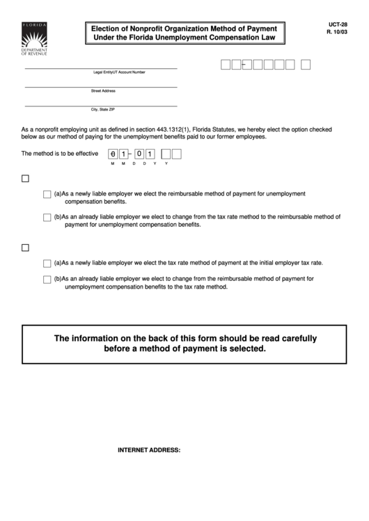 Form Uct-28 - Election Of Nonprofit Organization Method Of Payment Under The Florida Unemployment Compensation Law Printable pdf
