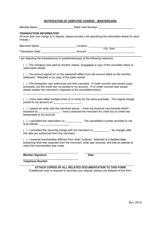 Mastercard Disputed Charge Form - 2014 Printable pdf