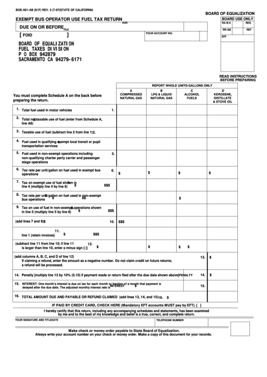 Fillable Form Boe-501-Ab (S1f) - Exempt Bus Operator Use Fuel Tax Return Printable pdf