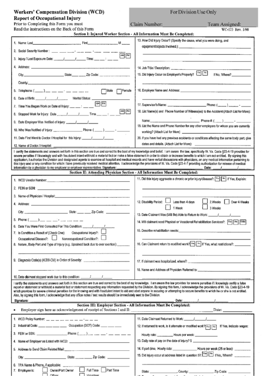 Form Wc-123 - Report Of Occupational Injury - 1998 Printable pdf