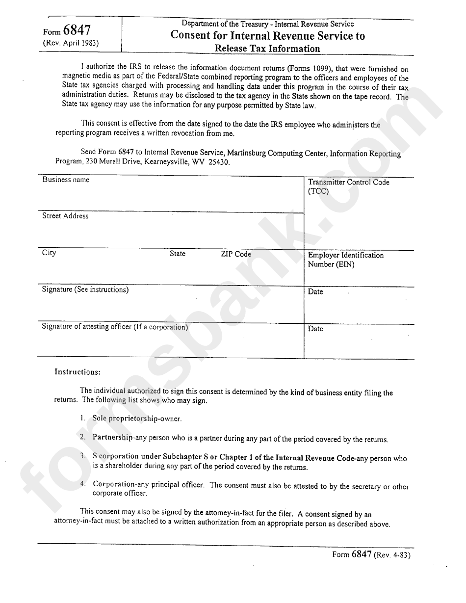 Form 6847 - Consent For Internal Revenue Service To Release Tax Information Form
