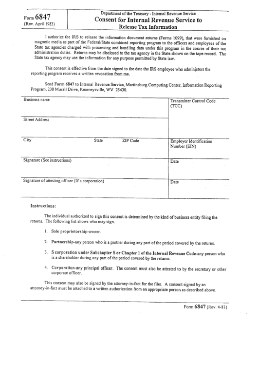 Form 6847 - Consent For Internal Revenue Service To Release Tax Information Form Printable pdf
