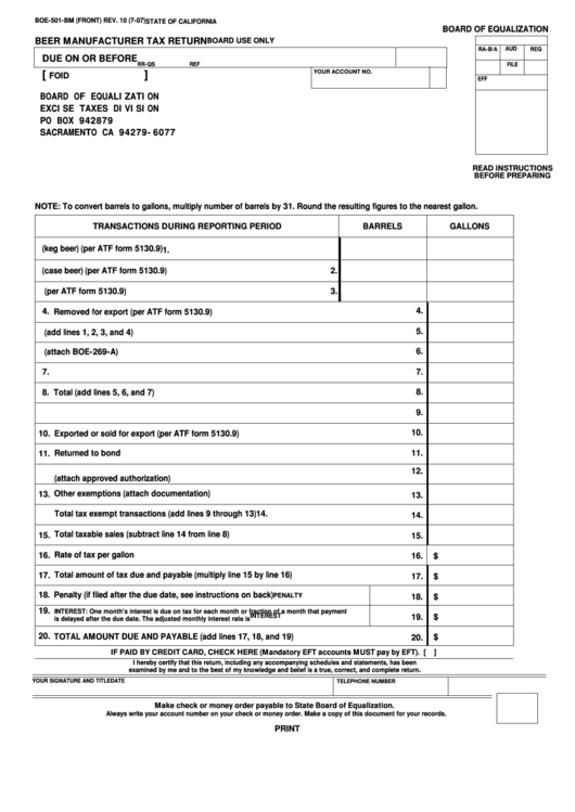 Fillable Form Boe-501-Bm - Beer Manufacturer Tax Return Printable pdf