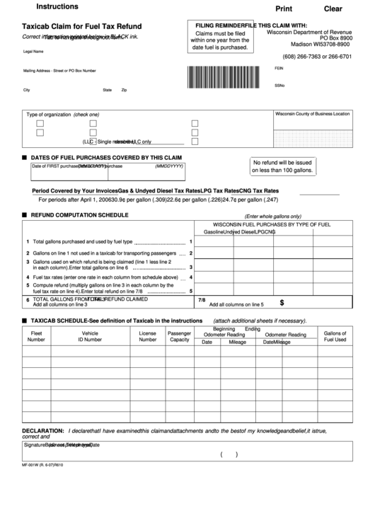 Fillable Form Mf-001w - Taxicab Claim For Fuel Tax Refund Printable pdf