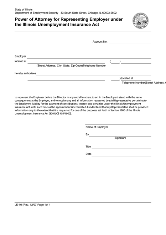 Form Le-10 - Power Of Attorney For Representing Employer Under The Illinois Unemployment Insurance Act Printable pdf