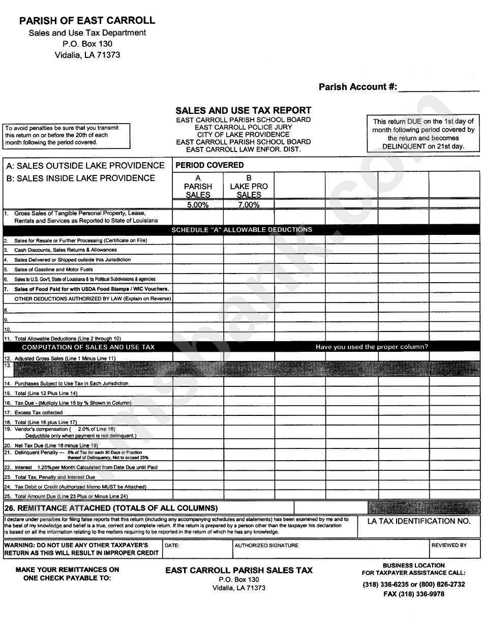 Sales And Use Tax Return Form - Parish Of East Carrol