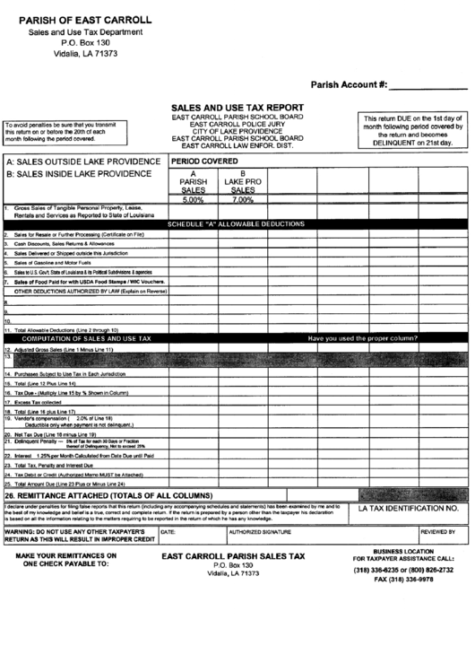 Sales And Use Tax Return Form - Parish Of East Carrol Printable pdf