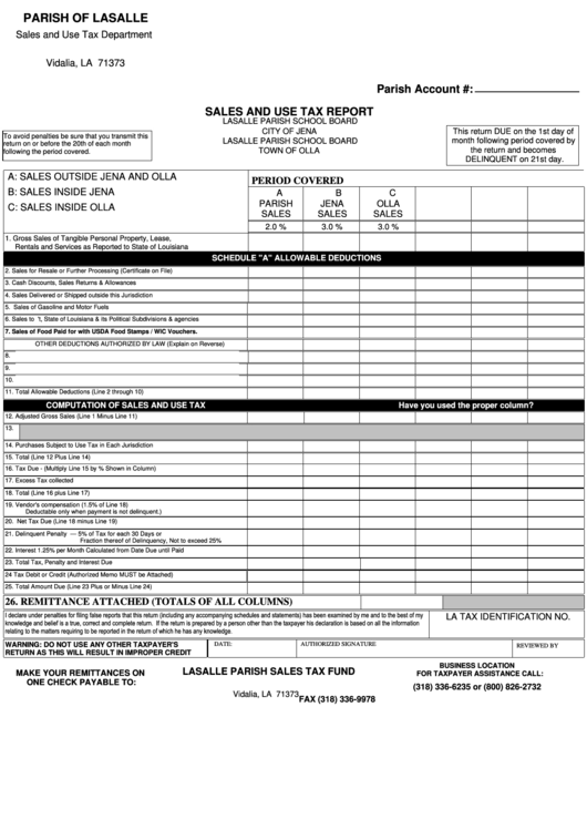 Sales And Use Tax Return Form Parish Of Lasalle printable pdf download
