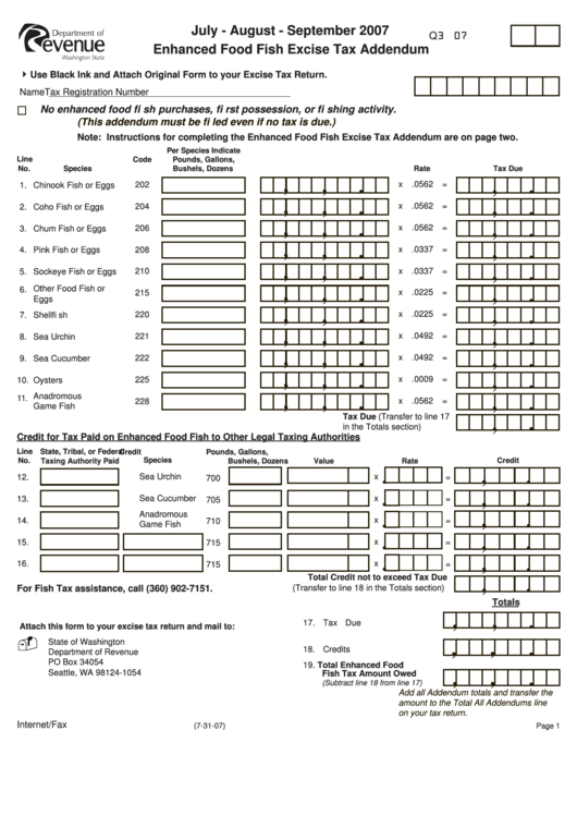 Form Q3 07 - Enhanced Food Fish Excise Tax Addendum Printable pdf