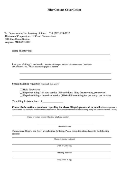 Fillable Filer Contact Cover Letter Form Printable pdf