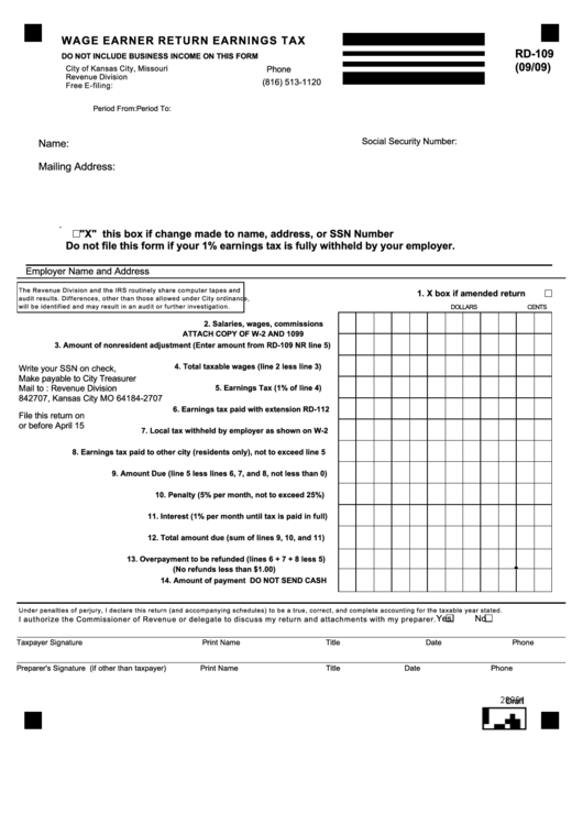 Fillable Form Rd-109 - Wage Earner Return Earnings Tax Printable pdf