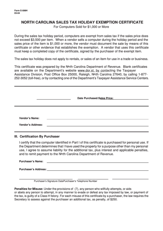 Form E-599h - North Carolina Sales Tax Holiday Exemption Certificate Printable pdf