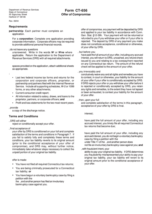 Instructions For Offer Of Compromise - Requirements Form Ct-656 Printable pdf