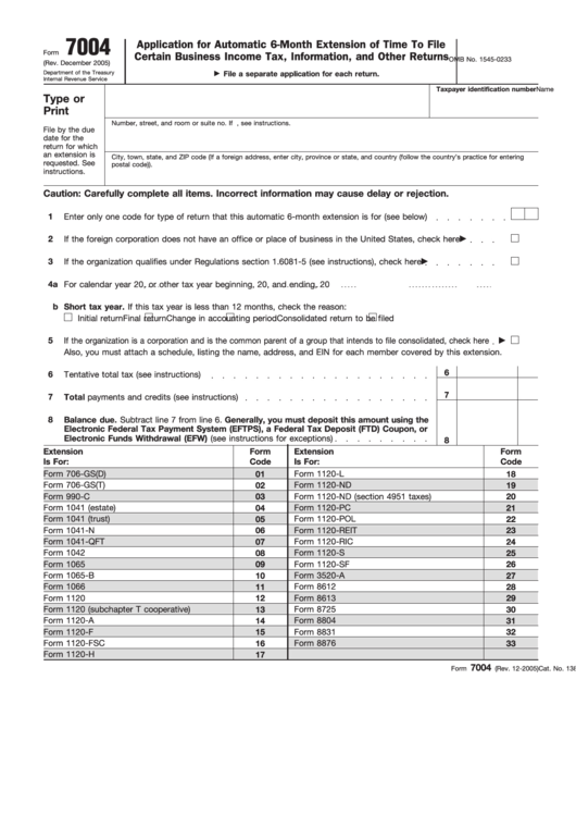 Fillable Form 7004 - Application For Automatic 6-Month Extension Of Time To File Certain Business Income Tax, Information, And Other Returns Printable pdf