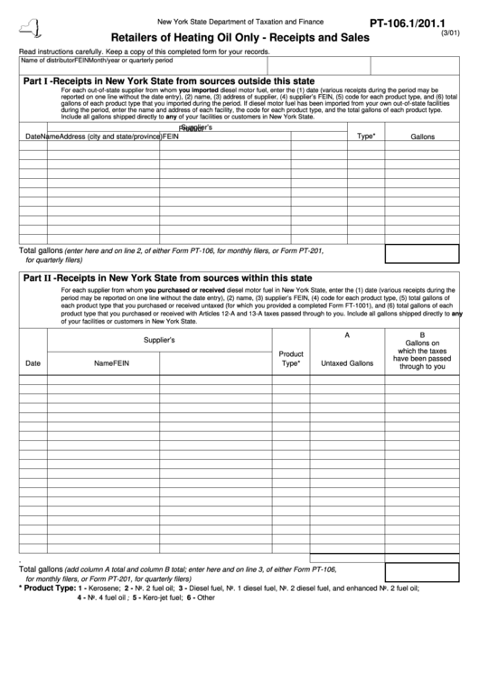 Form Pt-106.1/201.1 - Retailers Of Heating Oil Only - Receipts And Sales Form Printable pdf