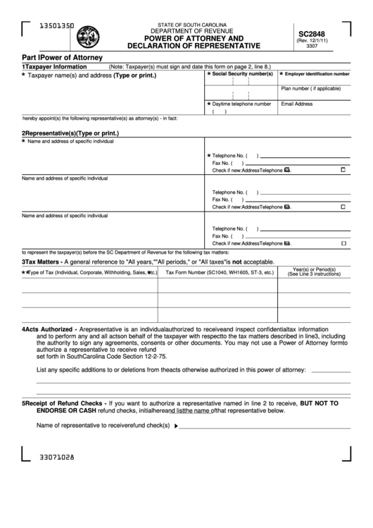 Fillable Form Sc2848 - Power Of Attorney And Declaration Of Representative - 2011 Printable pdf