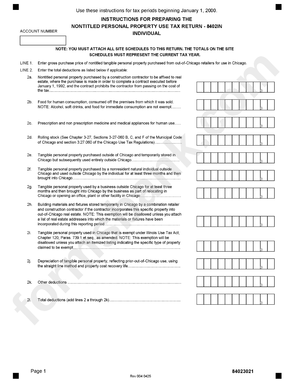 Form 8402in - Nontitled Personal Property Use Tax Return - Instructions